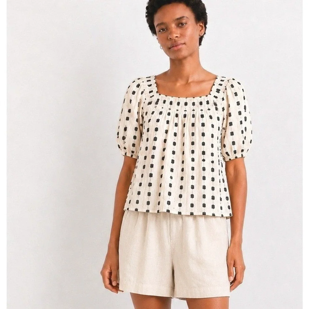 LOFT White Black Embroidered Cotton Gauze Smocked Square Neck Blouse M